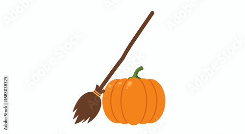 Halloween witch broom with pumpkin for spooky trick or treat night celebration festive illustration