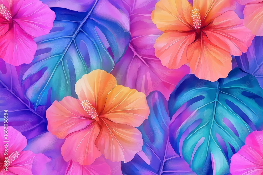 custom made wallpaper toronto digitalVibrant tropical floral illustration featuring hibiscus flowers in shades of pink and orange, surrounded by lush green leaves, creating a lively and colorful botanical scene