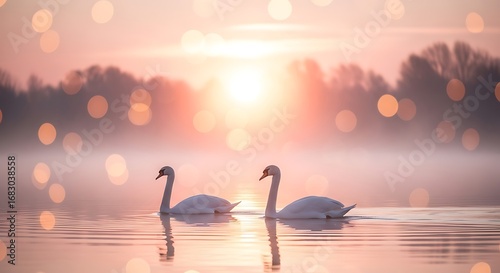 Fototapeta Naklejka Na Ścianę i Meble -  Elegant swan pair gliding serenely through misty water at sunrise