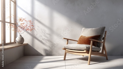 A serene, sun-drenched room showcases a minimalist wooden armchair and a delicate plant, casting soft shadows on the light-gray walls.