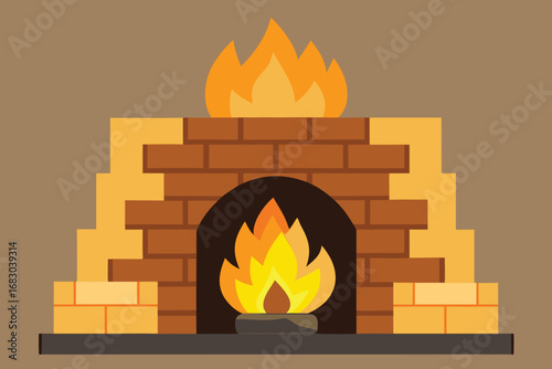 Brick Fireplace Cartoon Illustration with Flames and Brown Background, Fireplace with Decorative Flame