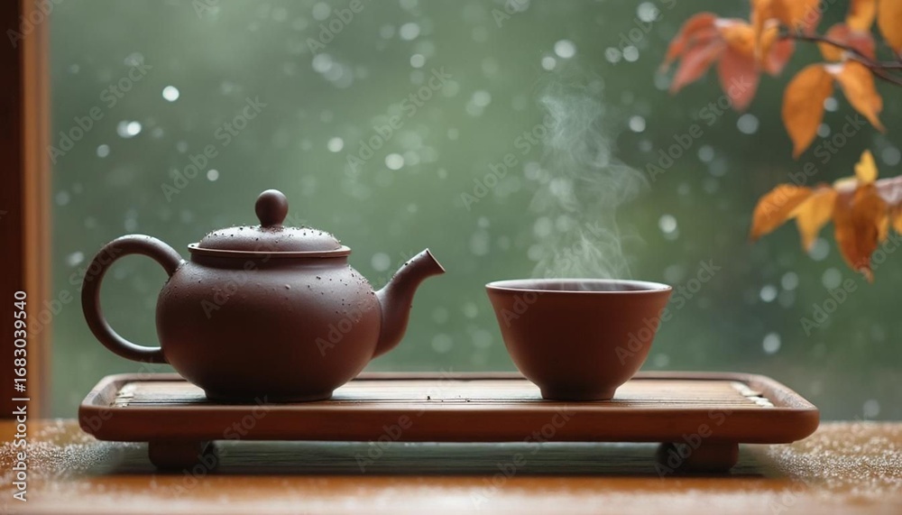 Fototapeta premium Teapot and teacup on a windowsill on a rainy day, soft bokeh