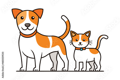 Cartoon Dog and Cat Illustration with Orange and White Fur and Contrasting Collars