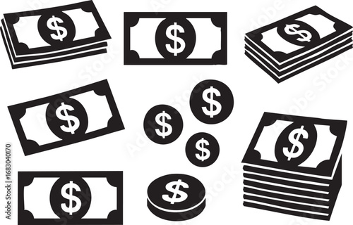 Money icon set with stylized dollar bills and coins in black vector for finance, banking, and economic design themes