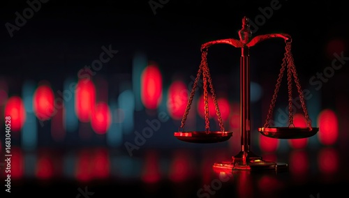 Golden scales of justice against a backdrop of fluctuating market trends