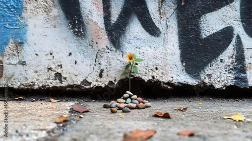 A resilient flower blossoms against a weathered, graffiti-covered wall, symbolizing hope and life.