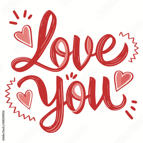 Red script lettering declaring love with hearts and decorative elements vector