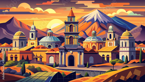 Arequipa, Peru, radiates volcanic stone facades, elegant arches, and monumental churches under glowing skies. Surrounded by mountains, the city feels timeless; semi-realistic flat vector emphasizing c