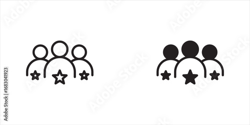 Three star rate, business people communicating or feedback and brainstorming isolated thin line icon set. 