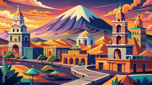 Arequipa, Peru, radiates volcanic stone facades, elegant arches, and monumental churches under glowing skies. Surrounded by mountains, the city feels timeless; semi-realistic flat vector emphasizing c