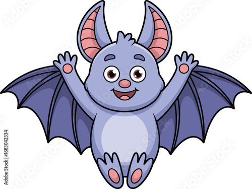 Cute cartoon bat with wide wings, smiling face, purple body, pink ears, friendly pose — playful nocturnal animal character illustration