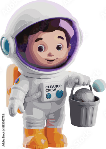 Cartoon astronaut cleanup crew — white suit, purple helmet, orange boots, holding bucket with rock and sphere, cheerful space character