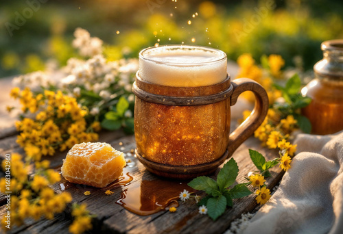 Frothy honey mead in wooden tankard with honey drizzle