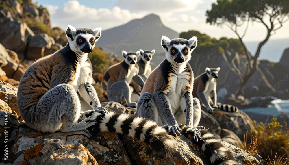 Obraz premium A group of ring-tailed lemurs rests on rocky outcrops, their distinctive striped tails and coats creating a vibrant display against the backdrop of a scenic coastal landscape.