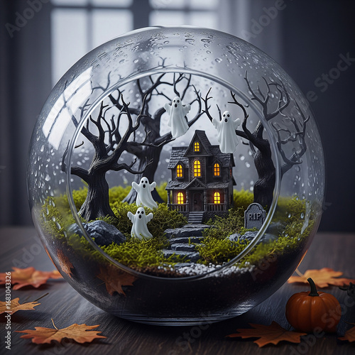 A Halloween-Themed Haunted House Terrarium with Ghosts and Pumpkins