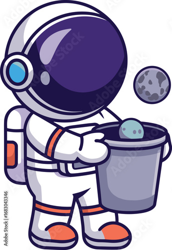 Cartoon astronaut tossing moon into trash — white spacesuit, orange accents, dark visor, humorous space cleanup concept with celestial twist