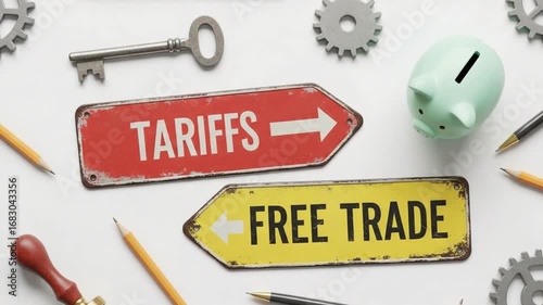 Tariffs and free trade signs with key piggy bank gears pencils and pens on a white surface top view