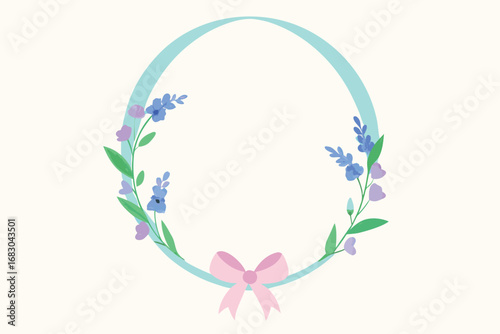 Floral Wreath with Blue Flowers, Lavender Accents, and Light Pink Bow Illustration