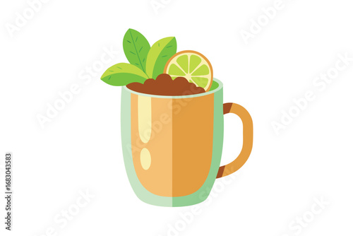 Freshly Brewed Herbal Tea with Mint and Lemon Slice in Glass Mug Illustration