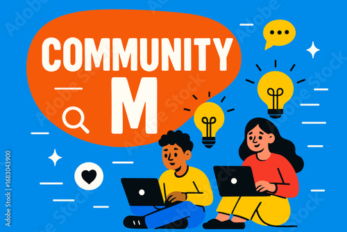 flat vector illustration bold oversized text inside rounded blob cartoon characters sitting with laptops and light bulbs bright solid colors high contrast abstract icons and motion lines.