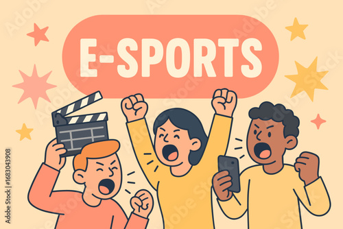 E Sports banner flat vector illustration bold oversized text inside rounded blob cartoon characters shouting with clapper board and smartphones pastel trendy palette with #F7786B #FFD662.