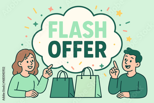 Flash Offer banner flat vector illustration bold oversized text inside outline cartoon characters pointing at shopping bags pastel trendy palette with #98FB98 #2E8B57 confetti and stars.