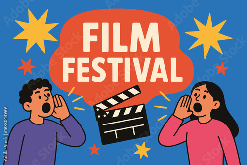 Film Festival banner flat vector illustration bold oversized text inside rounded blob cartoon characters shouting with clapper board bright solid colors no explosion shapes and stars.
