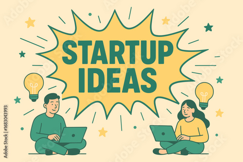 Startup Ideas banner flat vector illustration bold oversized text inside splash explosion cartoon characters sitting with laptops and light bulbs pastel trendy palette with #FFD662 #009B77.