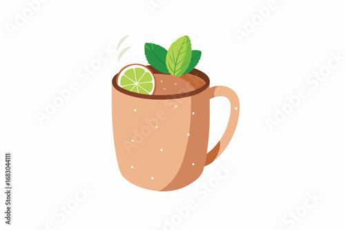 Illustrated Steaming Hot Toddy in Mug with Lime Slice and Fresh Mint Garnish