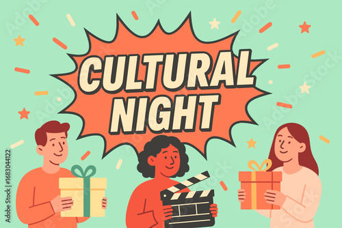 Cultural Night banner flat vector illustration bold oversized text inside comic burst cartoon characters standing with gift boxes and clapper board pastel trendy palette with #98FB98.