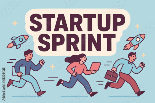 Startup Sprint banner flat vector illustration bold oversized text inside outline cartoon characters running with laptops and rockets pastel trendy palette with #B0E0E6 #5B5EA6 #955251.