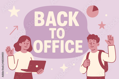 Back to Office banner flat vector illustration bold oversized text inside rounded blob cartoon characters waving with laptops and backpacks pastel trendy palette with #D8BFD8 #9B2335.