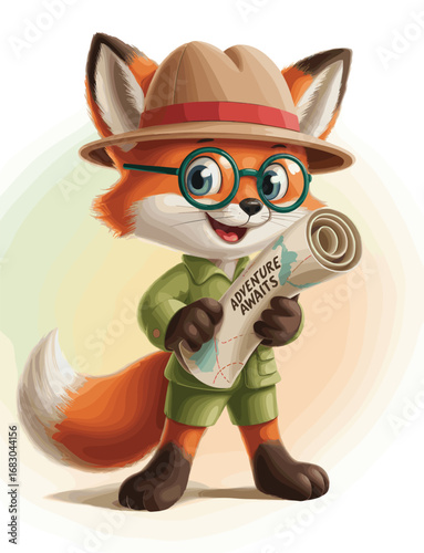Cartoon fox explorer — safari hat, blue glasses, green outfit, cheerful expression, holding adventure map with red dotted path