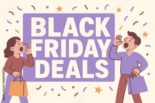 Black Friday Deals banner flat vector illustration bold oversized text inside rectangular frame cartoon characters shouting with shopping bags pastel trendy palette with #9370DB #955251.