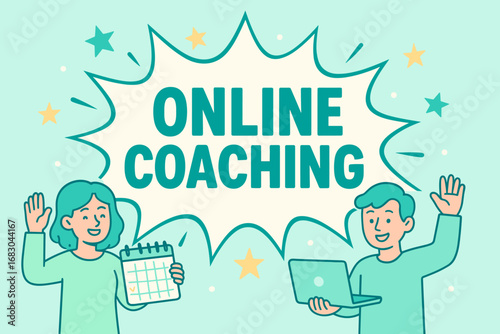 Online Coaching banner flat vector illustration bold oversized text inside splash explosion cartoon characters waving with calendars and laptops pastel trendy palette with #AFEEEE #40E0D0.