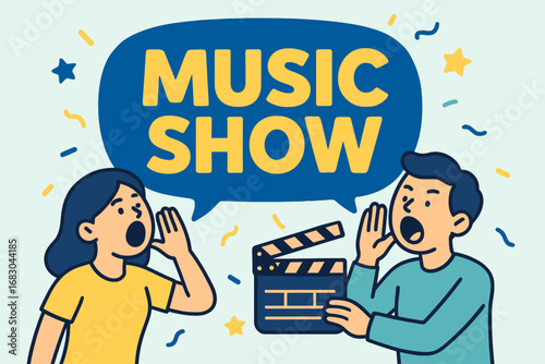 Music Show banner flat vector illustration bold oversized text inside rounded blob cartoon characters shouting with clapper board pastel trendy palette with #00539C #AFEEEE #FFD662 stars.