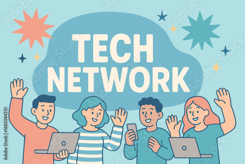 Tech Network banner flat vector illustration bold oversized text inside rounded blob cartoon characters waving with laptops and smartphones pastel trendy palette with #AFEEEE #92A8D1.