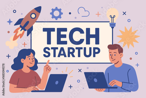 Tech Startup banner flat vector illustration bold oversized text inside rectangular frame cartoon characters pointing at laptops and rockets pastel trendy palette with #5B5EA6 #955251.