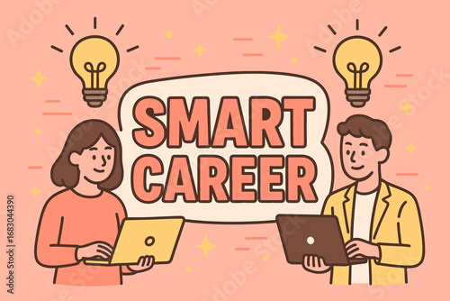 Smart Career banner flat vector illustration bold oversized text inside outline cartoon characters standing with laptops and light bulbs pastel trendy palette with #F08080 #FFD662 motion.
