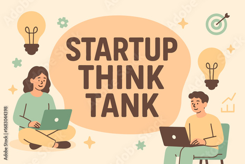 Startup Think Tank banner flat vector illustration bold oversized text inside rounded blob cartoon characters sitting with laptops and light bulbs pastel trendy palette with #FFDEAD #98FB98.