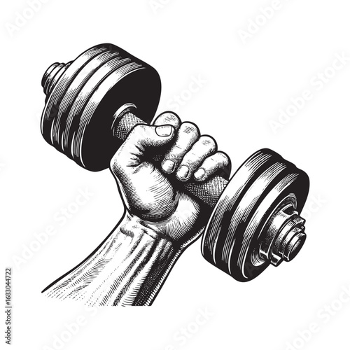 hand holding dumbell in Black and White Detailed Line Art