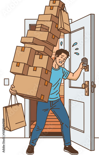 Struggling Man Carries Large Pile of Boxes and Shopping Bags to His Doorstep, Overwhelmed by Deliveries and Errands