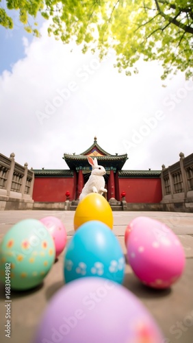 White rabbit sitting on colorful Easter eggs in front of a Chinese temple