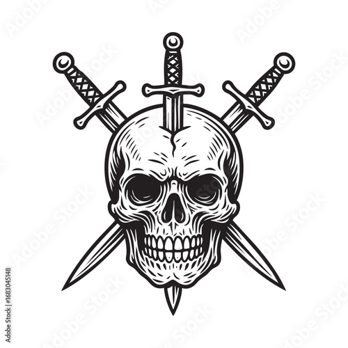 skull stabbed with three swords	sketch engraving in black and white vintage style collection PNG illustration