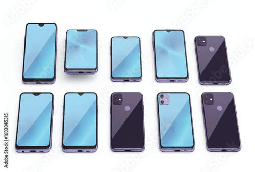 Smartphone, unlocked cellphone, mobile phone without power button. Vertical black metallic device. Vector flat style cartoon illustration isolated, white background, different views and positions