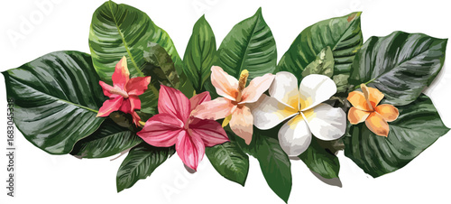 Tropical flower arrangement with lush green leaves and exotic blooms