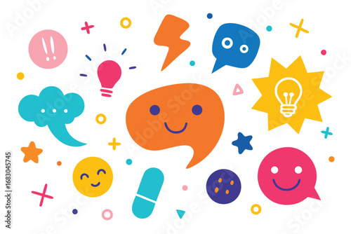 Playful Graphics Featuring Speech Bubbles, Light Bulbs, and Happy Faces on White
