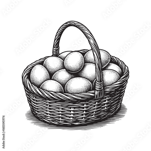 egg on wooden basket detailed line art and texture. Vector retro hand drawn illustration