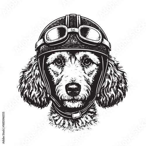 poodle dog wear pilot helmet sketch ink graphic illustration, draft silhouette drawing, black on white line art.