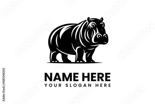 Bold Black Hippo Logo with Striking Silhouette and Branding Elements.